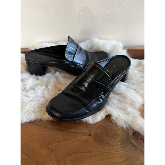 Vintage Y2K Black Leather Penny Loafer Mules Womens 8M 2" Block Heel Square Toe - Picture 9 of 9